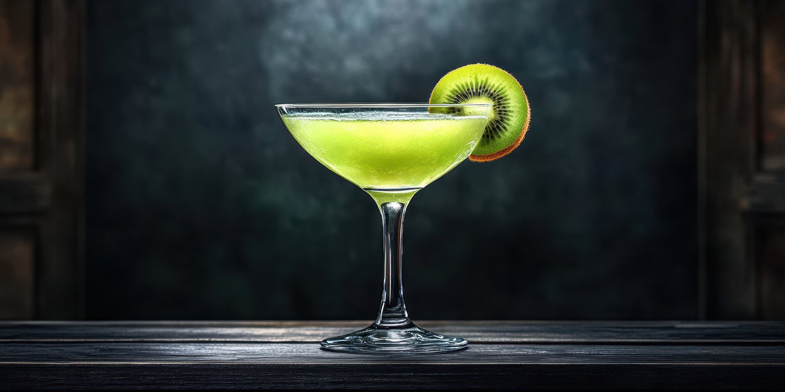 Colorful kiwi cocktail served in a elegant glass on a dark wooden table in a stylish bar